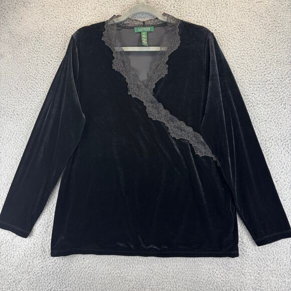 Lauren by Ralph Lauren Tops - Ralph Lauren Velvet Blouse Womens 2X Black Trim Faux Wrap Business Office LRL